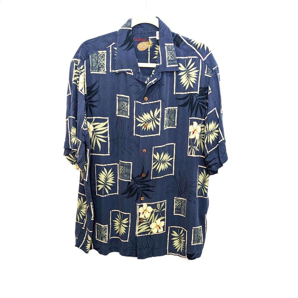 Caribbean Button Up Shirt Mens XL Hawaiian Blue Pineapple Short Sleeve Silk